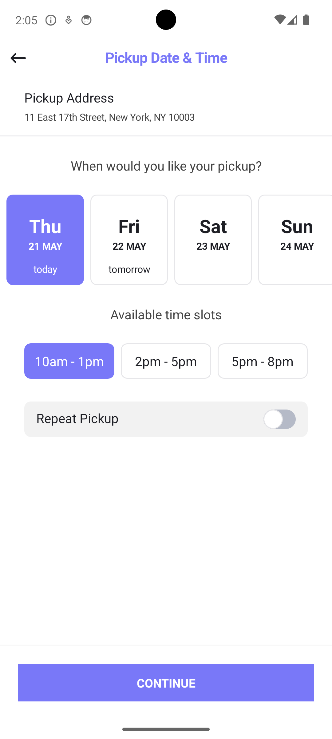 The Suds Buds app pickup-scheduling screen, with a New York pickup address, a day picker, and morning, afternoon, and evening time slots.