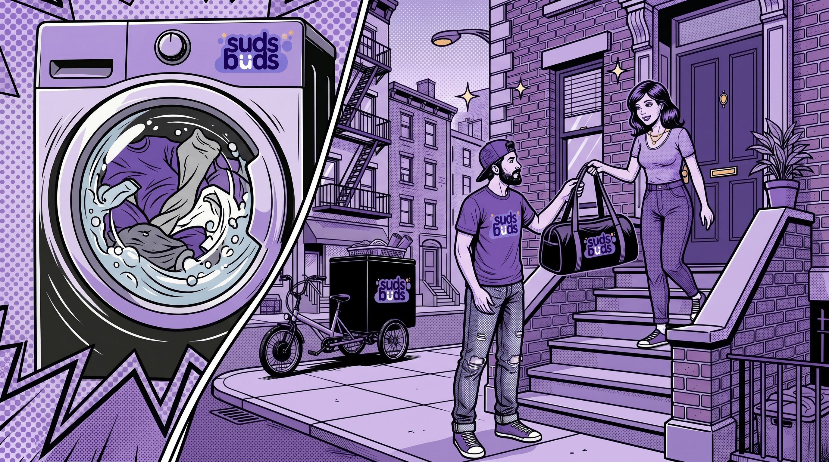 E-trike rider handing a folded laundry bag to a customer at their East Village apartment door.
