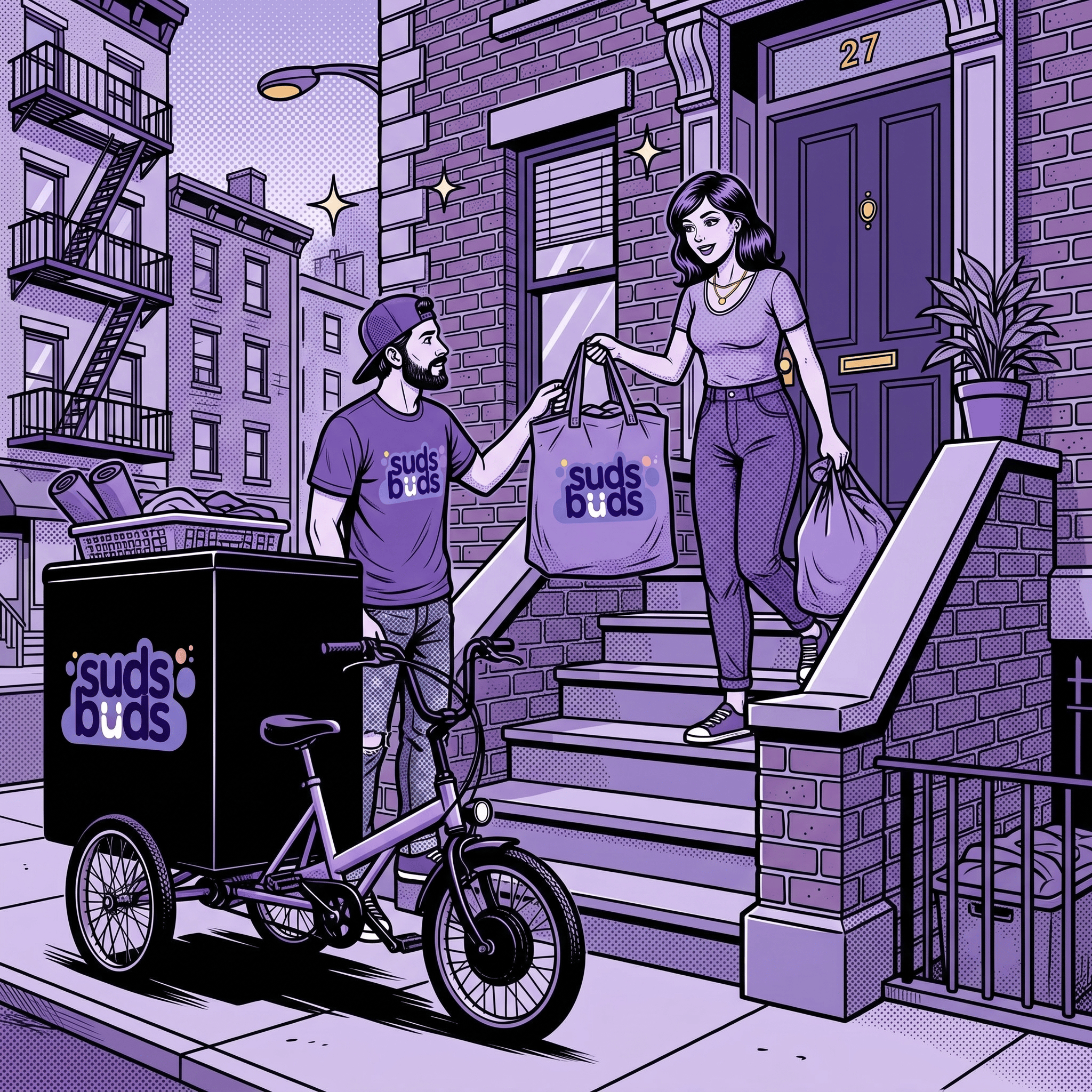 E-trike rider at an apartment door, picking up a bag of laundry.